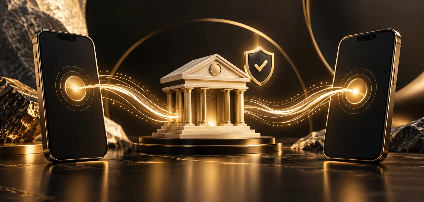 Ilustrasi dua ponsel terhubung melalui simbol bank dan pelindung dalam warna hitam emas