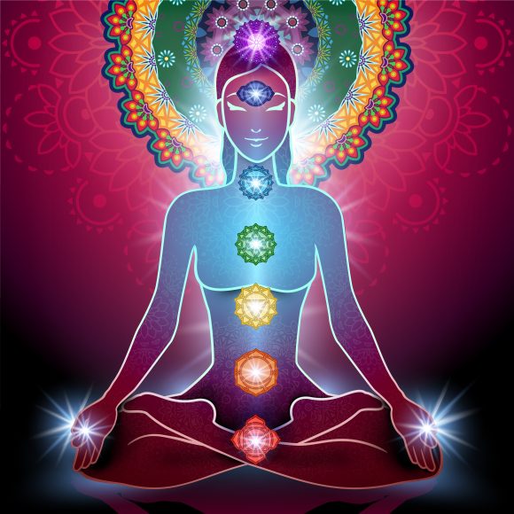 vibrant drawing of woman seated in lotus with chakras symbols 